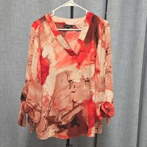 Alfani Women's Vivid Red and Tan Abstract Blouse with flowy tie‎ sleeves Size Lg